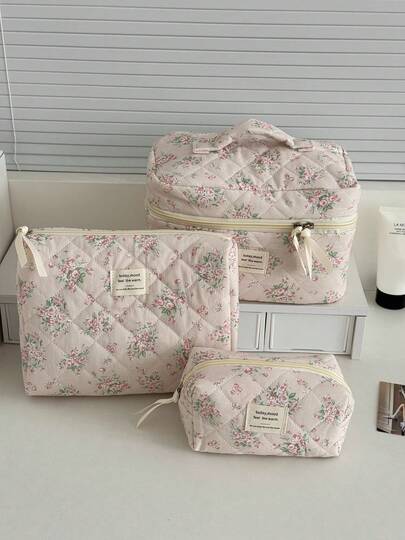 Makeup Bag Set Quilted Cosmetic Bag Silk Ribbon Flower Large Floral Make Up Bag Pink Bouquetfor Women Cotton Makeup Bag Set Flower Travel Toiletry Bag