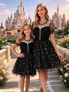 1pc Girls Casual Solid Color Soft Comfortable Woven Fabric With Ruffle Splice Star & Polka Dot Pattern Mesh Bubble Short Sleeve Mid-Length Dress, Suitable For Outdoor Wear, Spring/Summer - Black - View 1