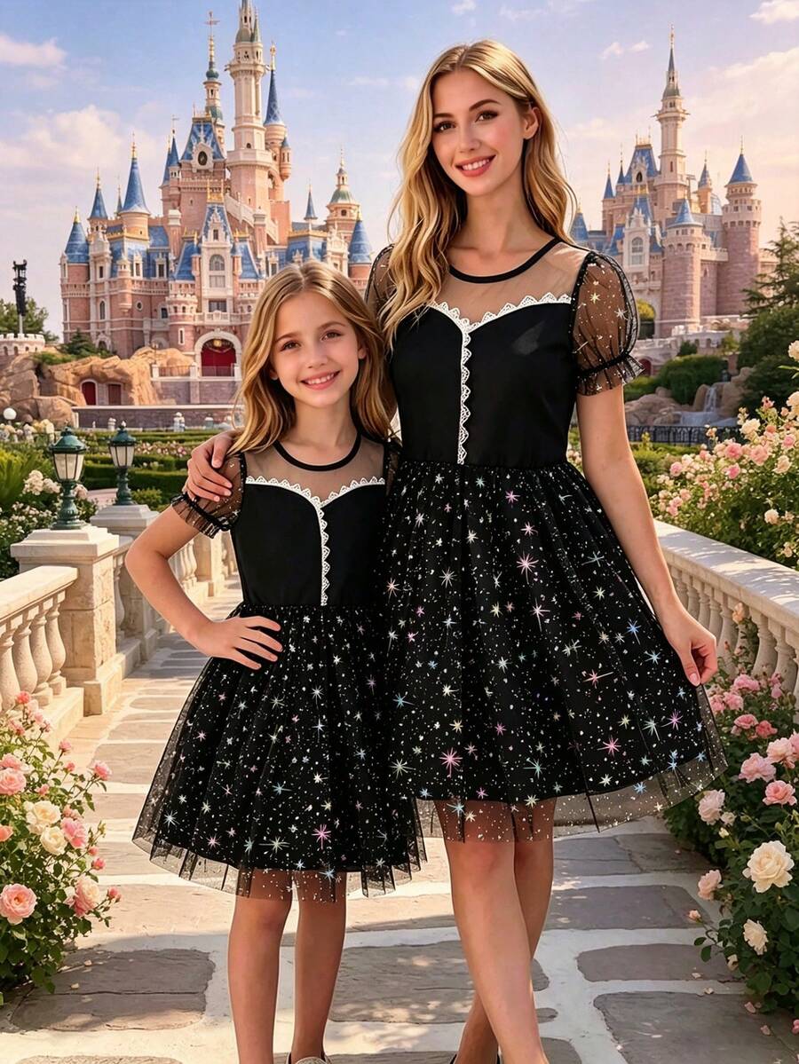 1pc Girls Casual Solid Color Soft Comfortable Woven Fabric With Ruffle Splice Star & Polka Dot Pattern Mesh Bubble Short Sleeve Mid-Length Dress, Suitable For Outdoor Wear, Spring/Summer - Black - View 1