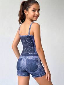 Mädchen Sommer Jeans-Optik Jumpsuit, Slim Fit Hoher Stretch Träger Modischer Jumpsuit für Mädchen - Violett - Übersicht 2