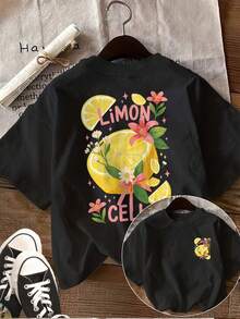 Women's Fashion Casual Top, Double-Sided Print, Fresh Lemon Floral Pattern, Round Neck, Short Sleeves, Spring And Summer T-Shirt - Black - View 1