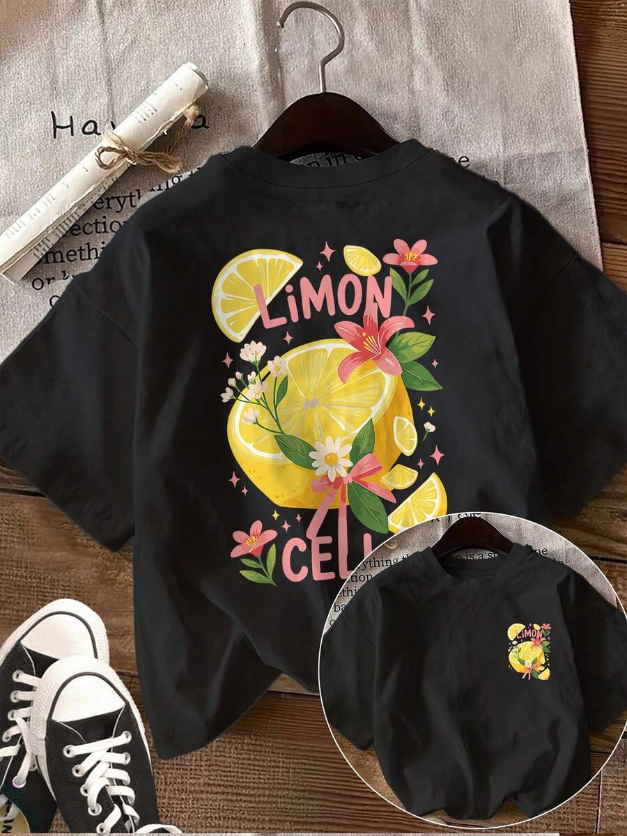 Women's Fashion Casual Top, Double-Sided Print, Fresh Lemon Floral Pattern, Round Neck, Short Sleeves, Spring And Summer T-Shirt - Black - View 1