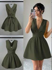 Vestido elegante romántico y sexy de mujer para invitada de boda, vestido mini de línea A con cuello en V cruzado, sin mangas, diseño versátil para playa, fiesta, primavera/verano con bolsillo, vestido de noche con espalda descubierta, color amar - Verde militar - Ver 7