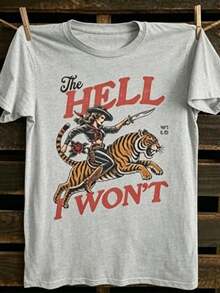 Camiseta de Mujer "The Hell I Won't" Estilo Cowgirl – Camiseta de Cuello Redondo con Gráficos Retro de Motociclista y Tatuaje Western, Top Casual Estilo Wild Western. Esta es una camiseta de manga corta para mujer, suave, agradable al tacto, versátil y de puro algodón, adecuada para el uso diario, salidas informales y ropa deportiva. Es una camiseta de algodón puro para mujer, holgada, cómoda y deportiva, ideal para primavera/verano, perfecta como capa base. - Gris - Ver 8
