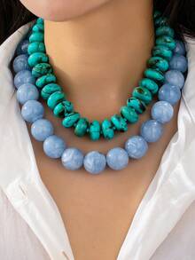 1 Pc Blue Turquoise Resin Beads Chunky Necklace For Women, Layering Beaded Statement Choker Necklaces Set, Boho Jewelry Accessories Gift - Multicolor - View 6