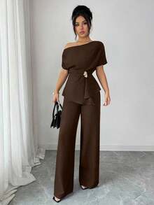 Elenzya Elegante y urbano conjunto de primavera/verano para mujer con pantalón ancho de una sola manga con hebilla metálica en la cintura, adecuado para uso diario, bodas, galas, ir al trabajo, fiestas de graduación, vacaciones, citas, fiestas, Halloween, Navidad, Año Nuevo, Acción de Gracias, bodas - Marrón - Ver 4
