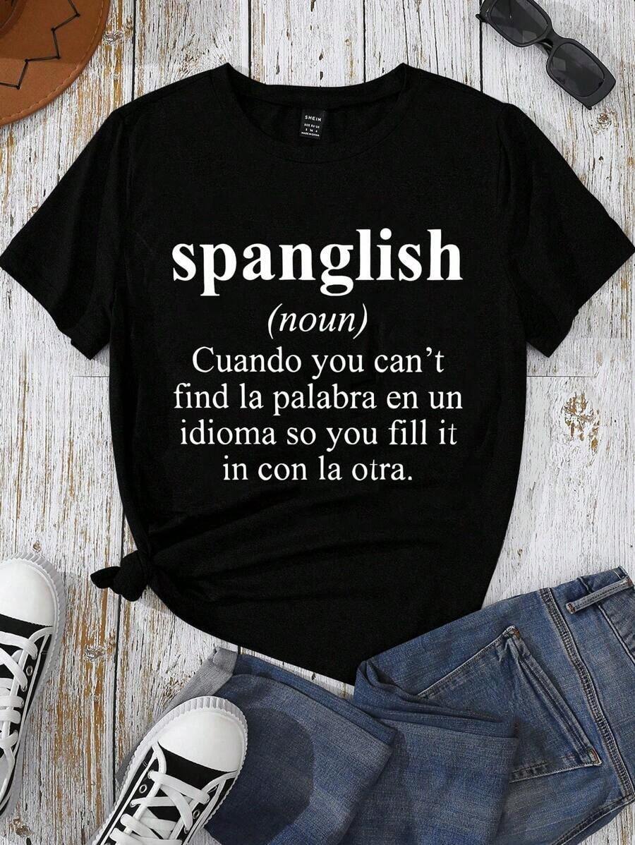 FASHIOGIRL Camiseta de Manga Corta con Estampado de Lema para Mujer, Camisetas Gráficas, Tops para Mujer - Negro - Ver 1