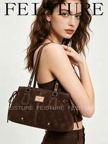 1 buah Tas Bahu Fashion, Tas Komuter Wanita Kapasitas Besar dengan Tali Ikat, Cocok untuk Jalan-jalan Sehari-hari, Kencan, dan Perjalanan - Kopi - View 6