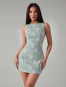 Vestido ajustado mini sin mangas de jacquard elegante y vintage, color verde - verde menta - Ver 3