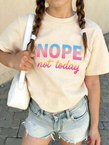 Women's Clothing. Short-Sleeved T-Shirt With A Round Neck, Casual Style, Loose Fit, With A Simple Slogan Print, New Summer Collection For Women,  Everyday Top, Suitable For Daily Wear And Vacations. Women's T-Shirt. Black - 杏色2 - 查看 2