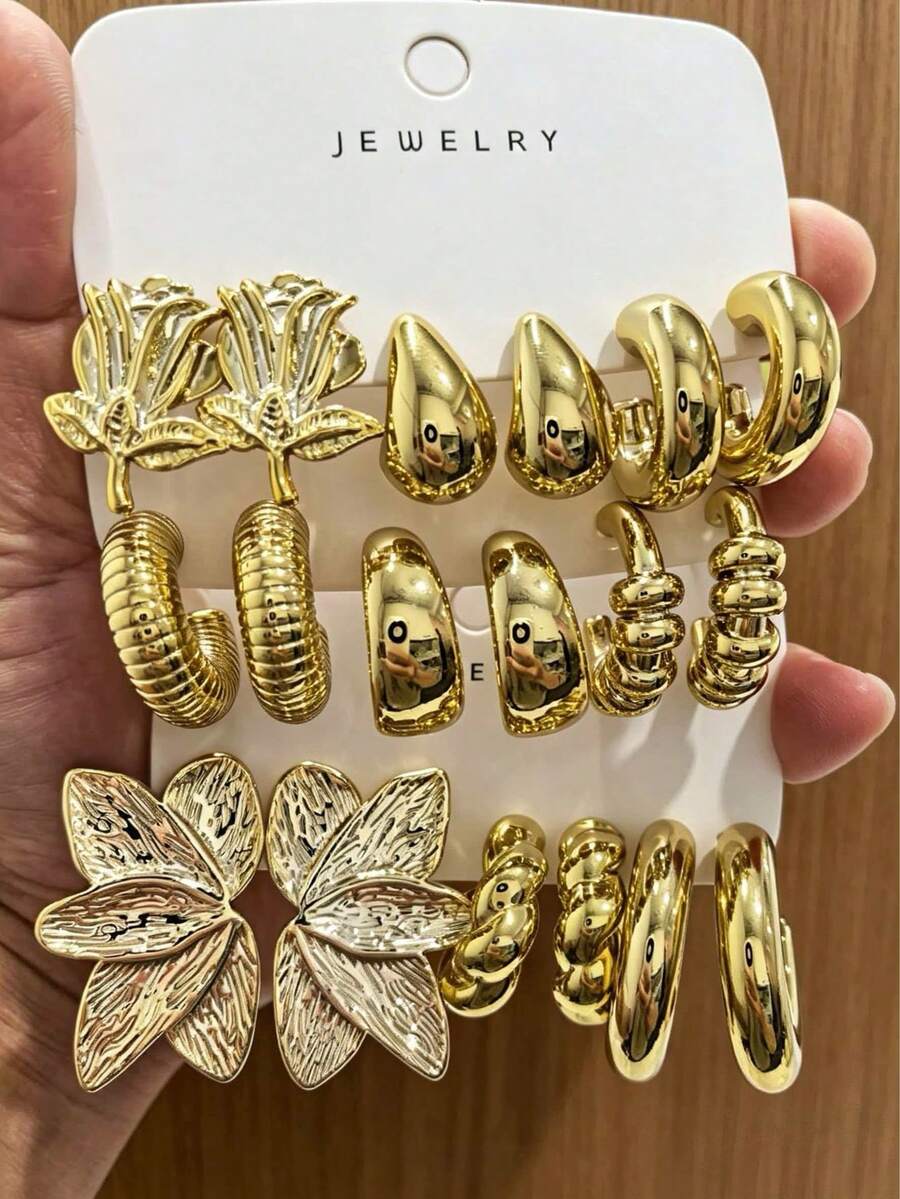 6/18pcs Gold 3D Flower, Left-Right Flower, Spiral C, Smooth C-Shaped Design Vintage Elegant Daily Wear Earrings For Women - Gold - View 1