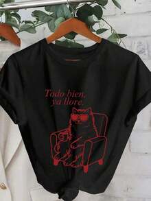 Camiseta de manga corta con cuello redondo, gráfico de corazón de gato y texto "He llorado lo suficiente", estilo casual para mujer, adecuada para primavera, verano, otoño, Día de San Valentín, vuelta al colegio, talla grande en color blanco - Negro - Ver 1