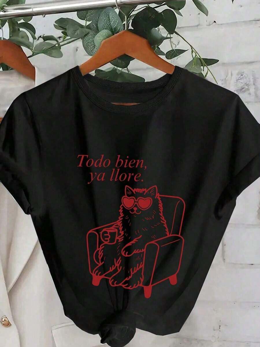 Camiseta de manga corta con cuello redondo, gráfico de corazón de gato y texto "He llorado lo suficiente", estilo casual para mujer, adecuada para primavera, verano, otoño, Día de San Valentín, vuelta al colegio, talla grande en color blanco - Negro - Ver 1