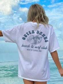 Camiseta de Verano para Mujer con Estampado de Letras y Cuello Redondo, Versátil y Casual.Camisetas Gráficas para Mujer, Top Blanco, Top Negro, Top Rosa, Conjuntos de Vacaciones para Mujer, Camiseta 100% Algodón de 180g - Blanco - Ver 8