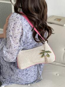 Small Fashionable Solid Color Maple Leaf Decor Woven Crescent Tote Bag, Versatile Handbag, Beach Bag, Casual Woven Bag, Phone Pouch (Pendant Design May Vary) - Hot Pink - View 9
