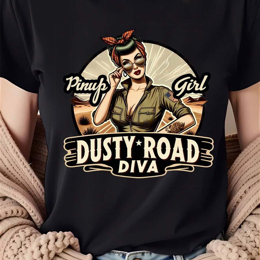 Highway Beauty: The Charm Of Vintage Women On The Dusty Highway - A Vibrant Sports T-Shirt For Women's Fashion And Leisure - Comfortable Short-Sleeved Crew Neck T-Shirt For All Seasons - 黑色 - 查看 1