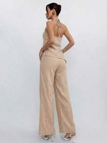 Conjunto de top halter y pantalones de color café claro, estilo sencillo para ir al trabajo - Caqui - Ver 2