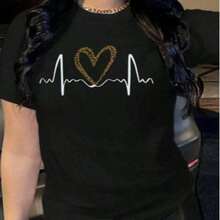 Camiseta con estampado de Corazon  Casual    Poliéster    Ninguno    moda para mujer  Casa    primavera verano - Negro - Ver 5