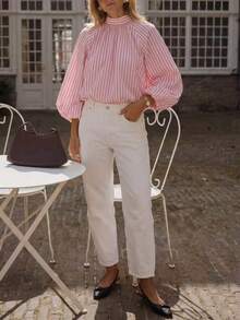 Women's Elegant Casual Striped Shirt - Tie Collar, Lantern Sleeves, Loose Fit, Pleated Design Pink - Pink - View 6