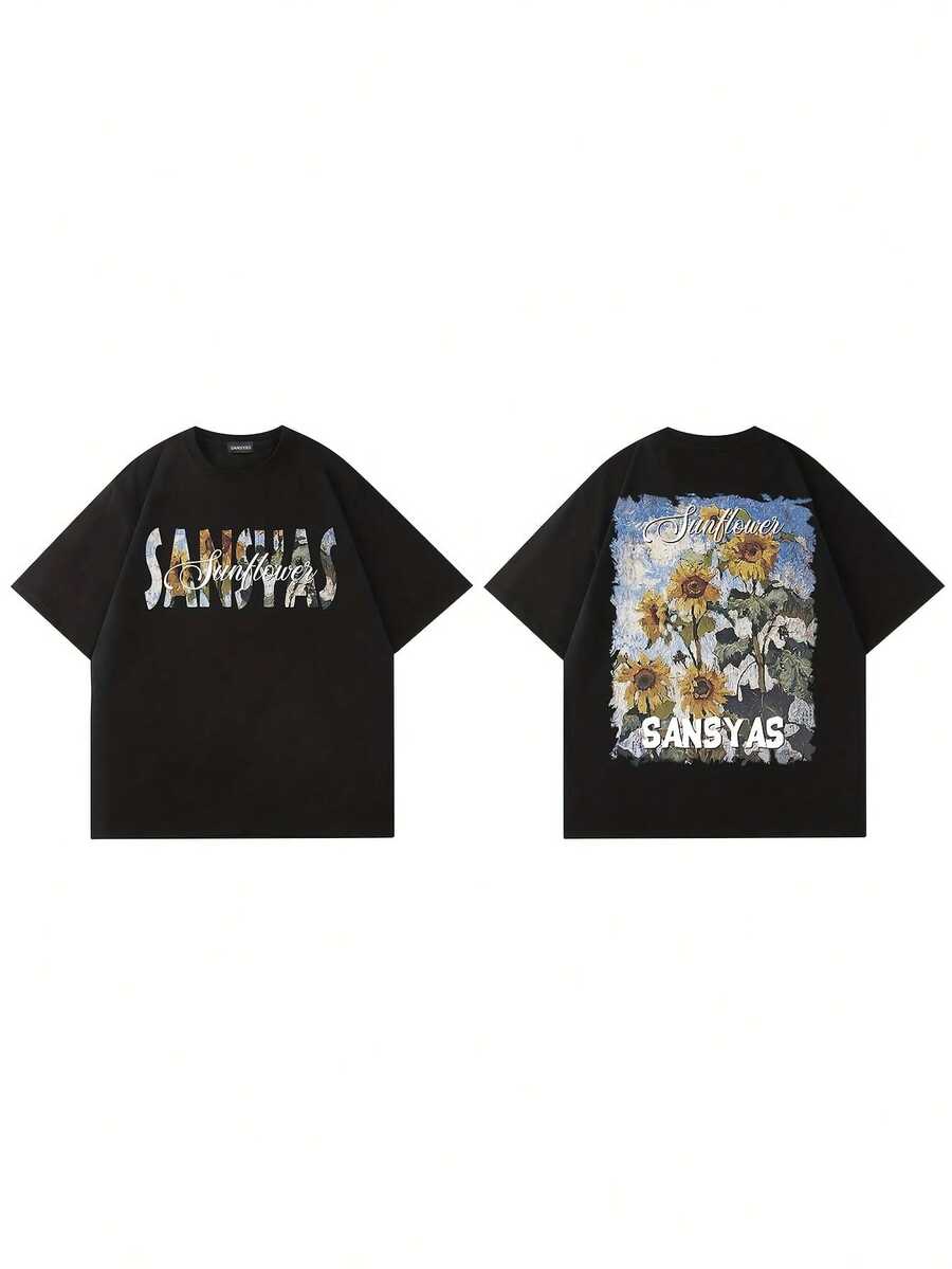 Camiseta de mujer% algodón, camiseta holgada de hombre% algodón con estampado floral, manga corta y cuello redondo, ropa de hombre para verano al aire libre. Ligera, transpirable, éxito de  en verano. - Negro - Ver 1