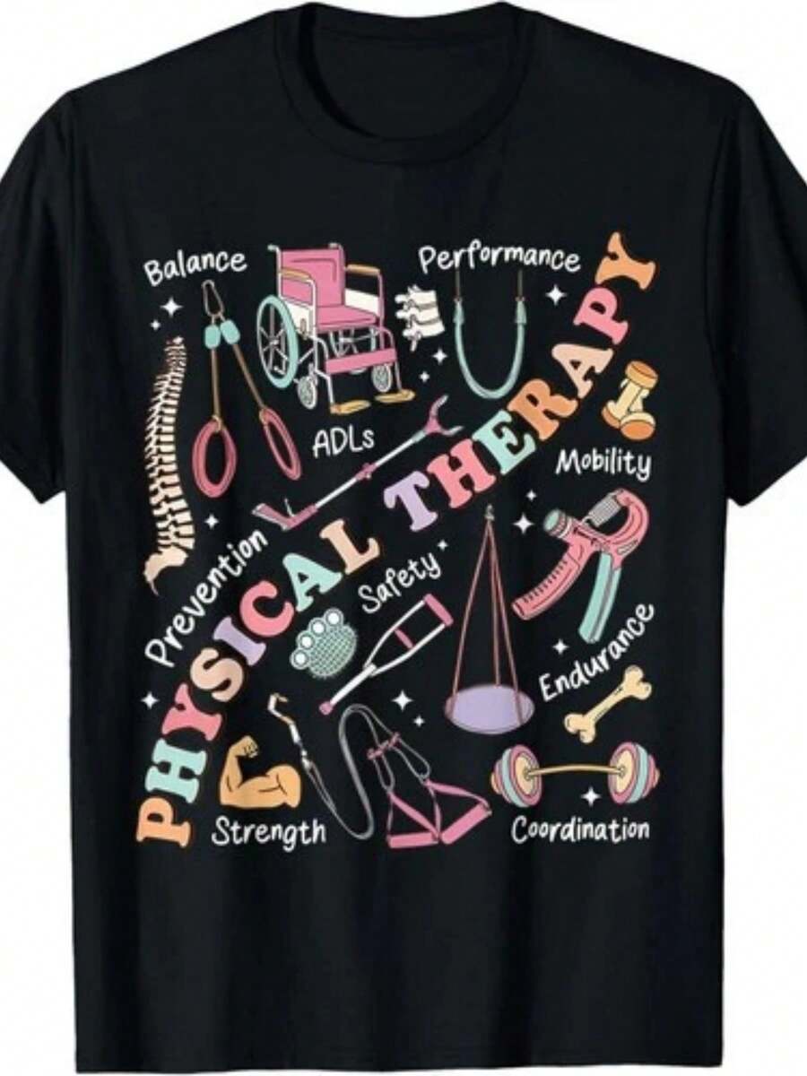 Camiseta Unisex Vintage de Moda para Fisioterapeuta y Terapeuta Deportivo| Unisex, Verano 2025, manga corta, estampado, 220G puro, cuello redondo, ligeramente elástico, corte regular, adecuado para adultos, estilo vintage, patrón gráfico. - Negro - Ver 1