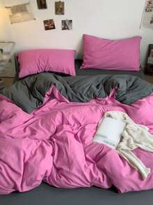 New Solid Color Patchwork Nordic Style Simple Polyester Duvet Cover 3 Pieces Set - Hot Pink - View 2