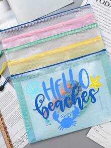 Multi Color Waterproof Fashionable Mesh Beach Bag, Colorful "Beach" Printed Makeup Bag, Crab, Shell Pattern Beach Theme. Large Capacity Transparent Makeup Bag, Nylon Zipper Wash Bag - Lightweight, Can Store Sunscreen, Snacks, Bikinis, And Beach Essentials. Spring And Summer Storage, Durable, Very Suitable For Swimming - Multicolor - View 5