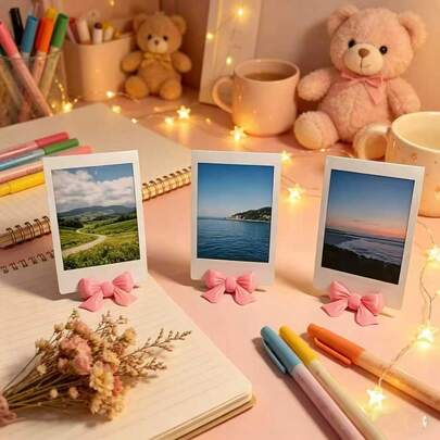 3pcs Pink Bowknot Instant Camera Photo Frame Stand, Ins Style 3-Inch Universal Photo Display Holder, Cream-Colored Decor Accessory Specially Designed For Girls Desk, Soft Pink Bow With Simple White Frame, Brings Sweet And Energetic Vibe, Suitable For Dorm, Workstation, Bedroom