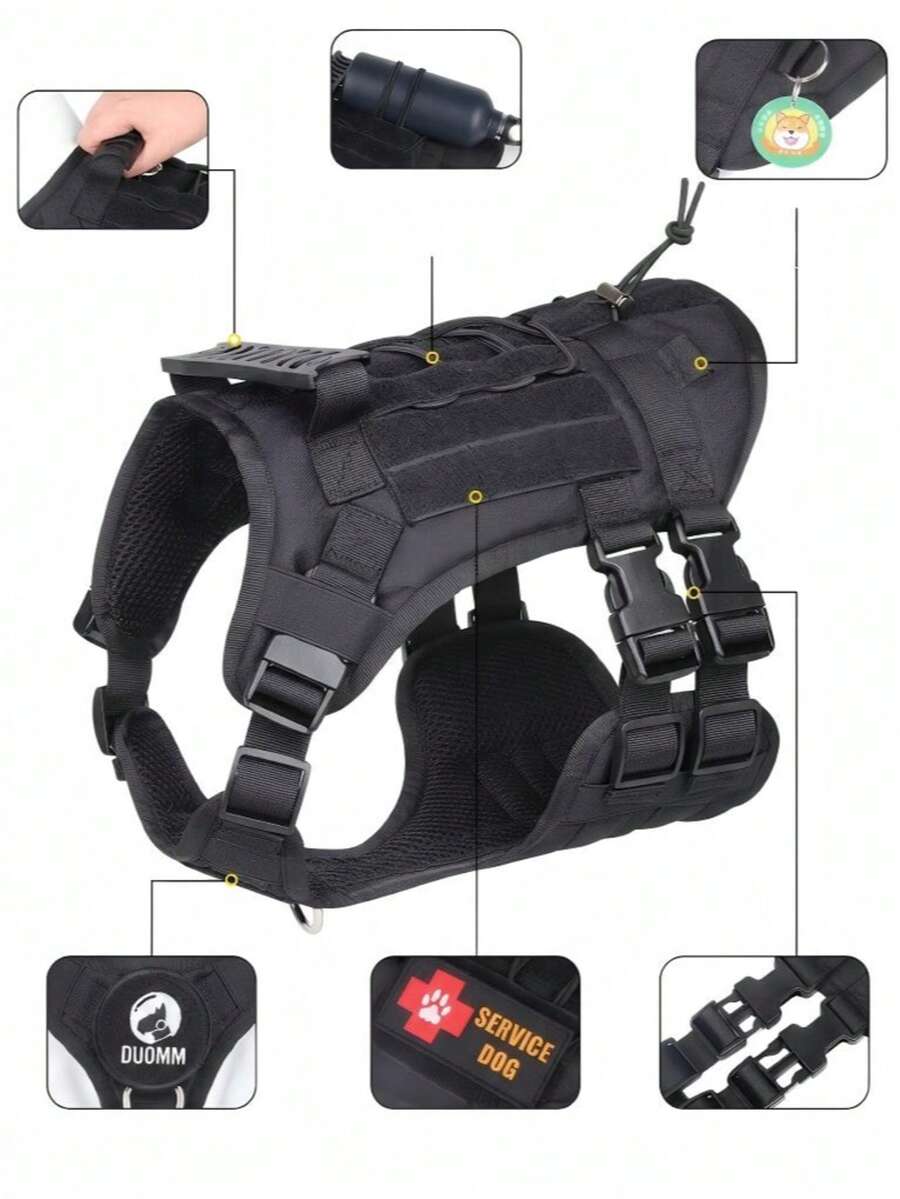 Áo vest chiến thuật phản quang siêu bền cho chó kèm tay cầm và bộ dây xích, đai chống kéo cho chó lớn, phù hợp để huấn luyện và đi dạo, màu đen