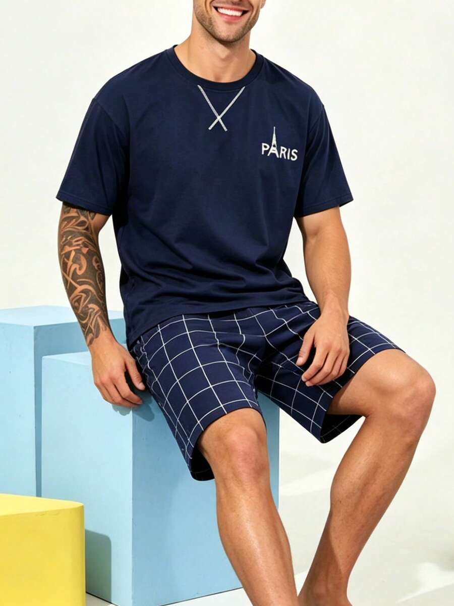 年輕男性夏季薄款睡衣套裝,圓領套頭簡約格紋字母印花 2 件組短袖上衣 & 短褲,慵懶舒適居家服套裝 - 彩色 - 查看 1