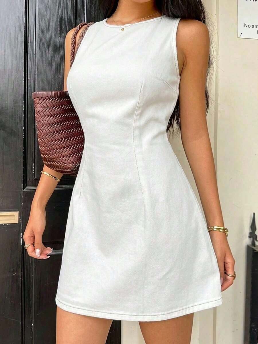 Vestido mini ajustado sin mangas de mezclilla azul para mujer - Blanco - Ver 1