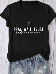 Camiseta de manga corta con cuello en V y estampado Summer Faith, para mujer, informal, para uso diario y al aire libre. - Negro - Ver 1