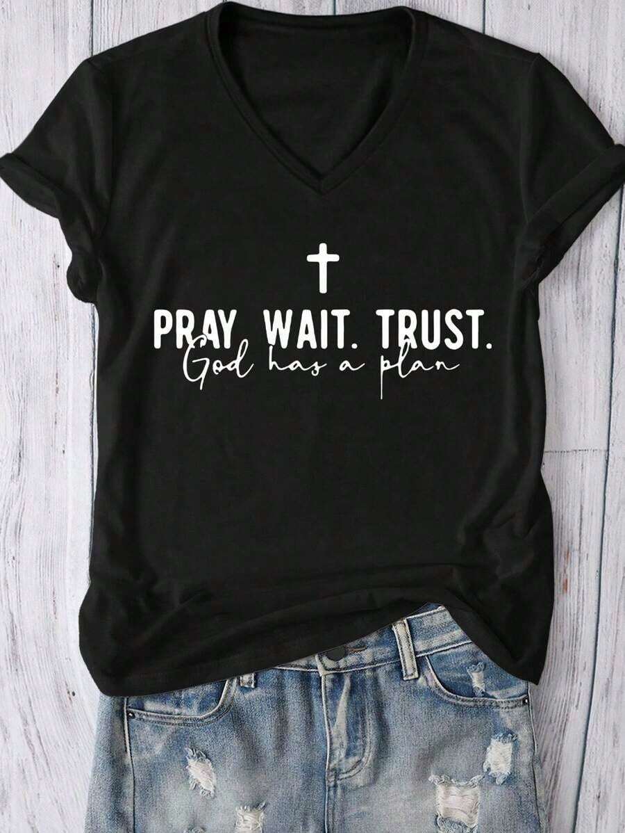 Camiseta de manga corta con cuello en V y estampado Summer Faith, para mujer, informal, para uso diario y al aire libre. - Negro - Ver 1