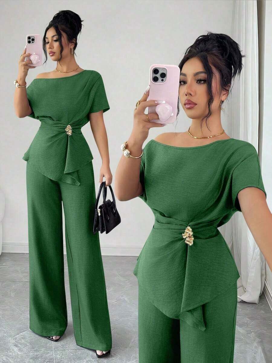 Elenzya Elegante conjunto de dos piezas de moda urbana para mujer, ideal para primavera/verano, con pantalones anchos de cintura alta con hebilla metálica asimétrica de un hombro en color azul marino, adecuado para uso diario, bodas, galas, ir al trabajo, fiestas de graduación, vacaciones, citas, fiestas, Halloween, Navidad, Año Nuevo, Acción de Gracias, bodas - Verde militar - Ver 1