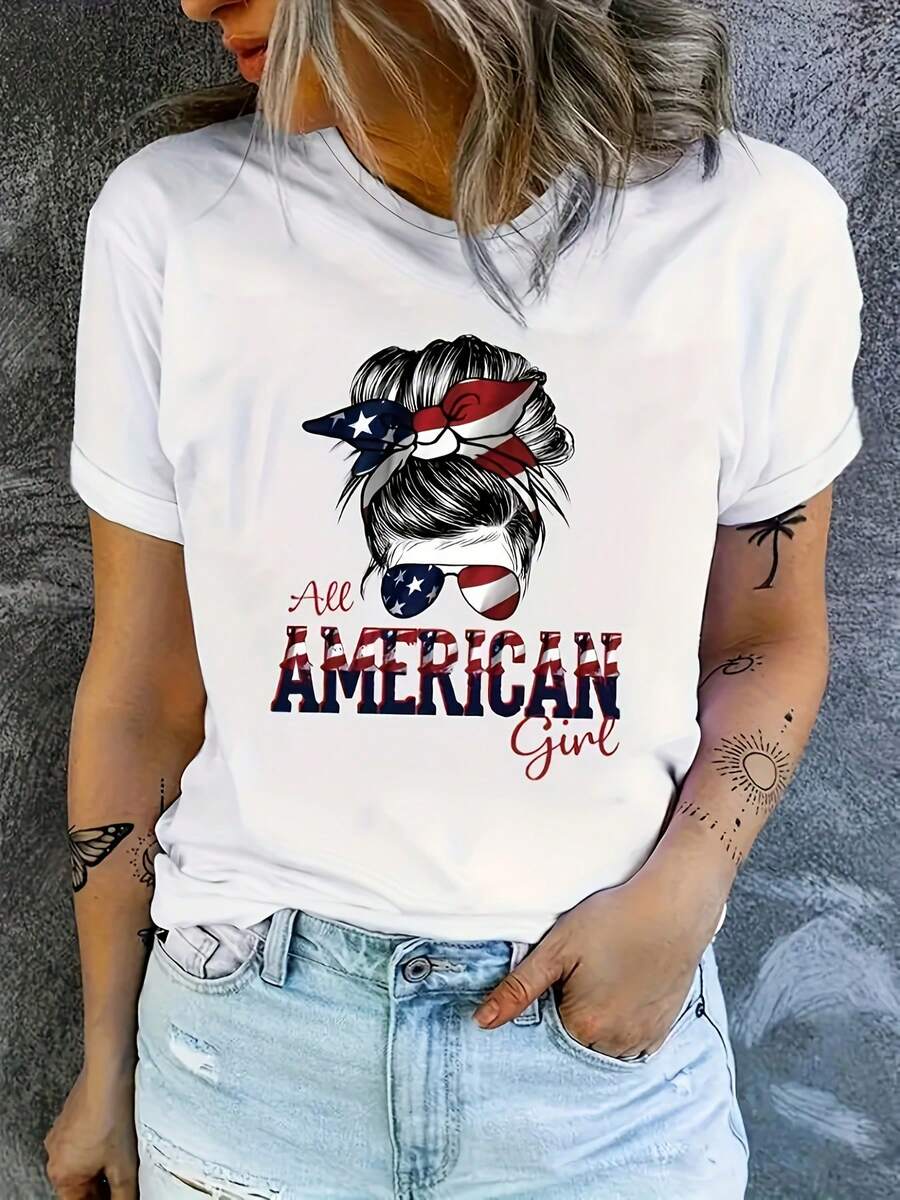 Women's Short Sleeve Cotton T-Shirt, Elegant Letter Print T-Shirt - Comfortable And Casual Short Sleeve Crew Neck T-Shirt For Casual Outfits And Elegant Combinations. - 白色 - 查看 1
