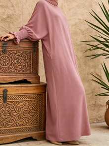 Women's Solid Pink Robe, Loose Flattering Puff Sleeve Abaya Robe With Pockets, Vacation Casual Style - Pink - View 4