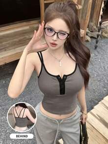 2026 Summer Colorblock Cropped Camisole Top, Sexy Fitted Sleeveless Shirt With Button Decor, Backless & Midriff Revealing Design Casual - Dark Grey - View 7