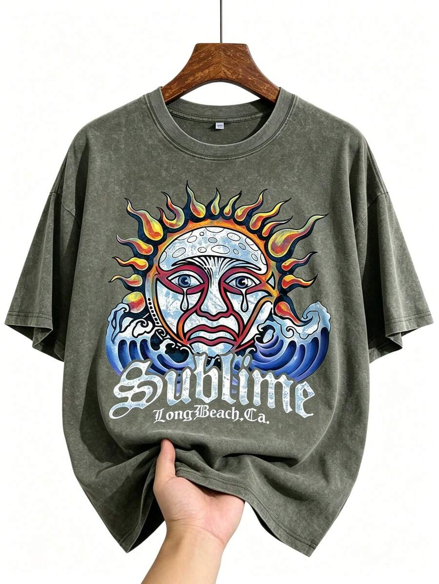 Washed Cotton Sublime Sun Graphic Print Short Sleeve T-Shirt, Casual Oversized Crew Neck Tee For Men, Suitable For Daily Wear, Summer Outings And Music Festivals - 軍綠色04 - 查看 1