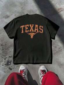 1 Texas Longhorn Graphic Print T-Shirt, Casual, Double Print, 100% Cotton - Urban Vintage Style, Unisex, Loose Fit, Short Sleeve And Round Neck. - 黑色 - 查看 3