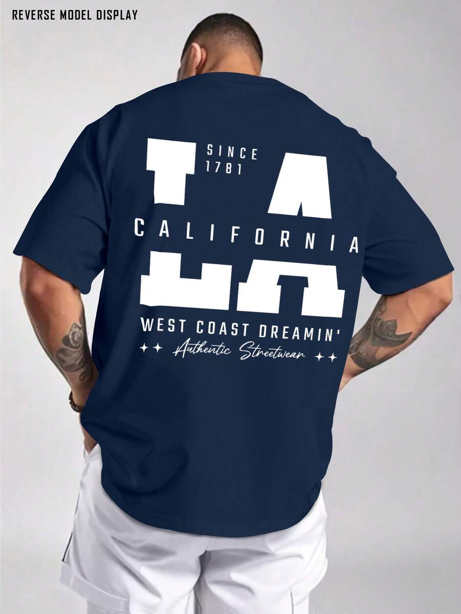 Fashion Casual T-Shirt - 100% Cotton, Regular Fit, Short Sleeve, Crew Neck, California LA West Coast Print, American Urban Style, Print Design, Perfect For Streetwear Or Everyday Wear, Or As A Gift - 海軍藍 - 查看 1