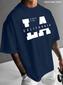 Fashion Casual T-Shirt - 100% Cotton, Regular Fit, Short Sleeve, Crew Neck, California LA West Coast Print, American Urban Style, Print Design, Perfect For Streetwear Or Everyday Wear, Or As A Gift - 海軍藍 - 查看 2