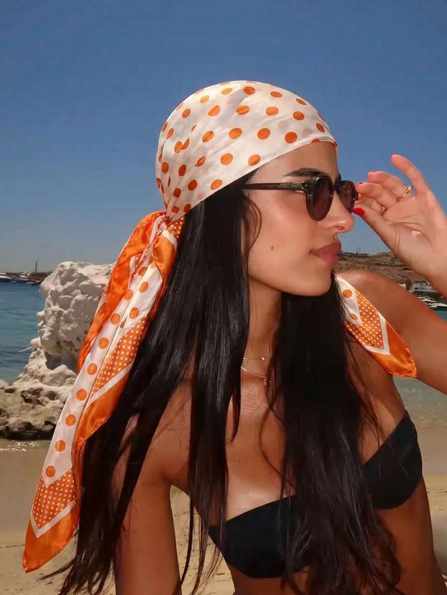 1件波西米亞風時尚圓點印花女款緞面圍巾，休閒優雅頭巾防曬披肩，適合日常穿著 - 橘色 - 查看 1