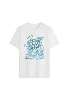 Women's Oversized T-Shirt With Y2K Style Sea Turtle Graphic Design, Casual Short Sleeve Crew Neck T-Shirt, Streetwear Style, Vintage Retro Summer Ocean Print Top, Beach Vacation Outfit, Daily Wear, Coffee Date, Surf Trip, Party, Vacation Fashion For Teens, Loose Graphic T-Shirt For Young Women And Ocean Lovers. - 白色的 - 查看 6