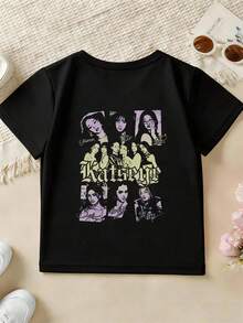 Camiseta de manga corta 100% algodón para niñas, estampado vintage de grupo de chicas K-Pop americano, top infantil, camiseta de verano holgada y casual con cuello redondo para niñas grandes, ropa infantil suave y transpirable, camiseta clásica de manga corta de puro algodón, estilo casual y holgado para mujeres jóvenes, tela suave y transpirable para ropa de calle en el campus, ocio en vacaciones, actividades al aire libre, ropa casual para fiestas pequeñas. Ropa de mujer / Ropa de mujer de uso diario / Blusas, camisas y camisetas de mujer / Camisetas de mujer, ropa deportiva, básicos de mujer, camisetas cortas para hombre. - Negro - Ver 1