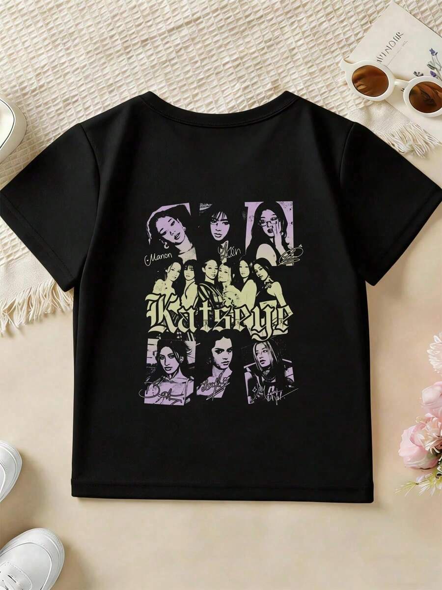 Camiseta de manga corta 100% algodón para niñas, estampado vintage de grupo de chicas K-Pop americano, top infantil, camiseta de verano holgada y casual con cuello redondo para niñas grandes, ropa infantil suave y transpirable, camiseta clásica de manga corta de puro algodón, estilo casual y holgado para mujeres jóvenes, tela suave y transpirable para ropa de calle en el campus, ocio en vacaciones, actividades al aire libre, ropa casual para fiestas pequeñas. Ropa de mujer / Ropa de mujer de uso diario / Blusas, camisas y camisetas de mujer / Camisetas de mujer, ropa deportiva, básicos de mujer, camisetas cortas para hombre. - Negro - Ver 1