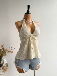 Conjunto de Playa Casual sin Espalda para Mujer, Estilo Bohemio, para Vacaciones, Festival de Música Hawaiana, Vacaciones Tropicales, Top Halter de Verano - Amarillo claro - Ver 4