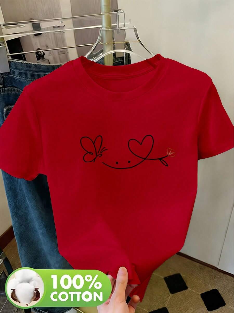 ClassicA Camiseta Casual de Verano para Mujer,% Algodón, con Cuello Redondo, Transpirable para Primavera/Verano/Otoño, Lavable aáquina, Adecuada para Conjuntos Deportivos Casuales, Cómoda y Fresca, Camiseta de Manga Corta para Mujer. - Rojo - Ver 1