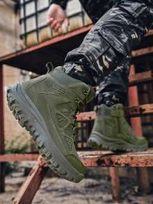 1 Pair Military Green Solid Color Outdoor Synthetic Leather Lace-Up Side Zipper Tactical Boots, Outdoor Hiking Boots, Suitable For All Seasons - Army Green - View 5