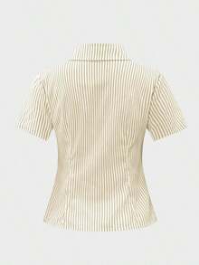 Blusa elegante de oficina de corte ajustado con rayas amarillas y blancas de manga corta, para uso universitario, camisa a rayas azules, camisas de verano para mujer - Albaricoque - Ver 9