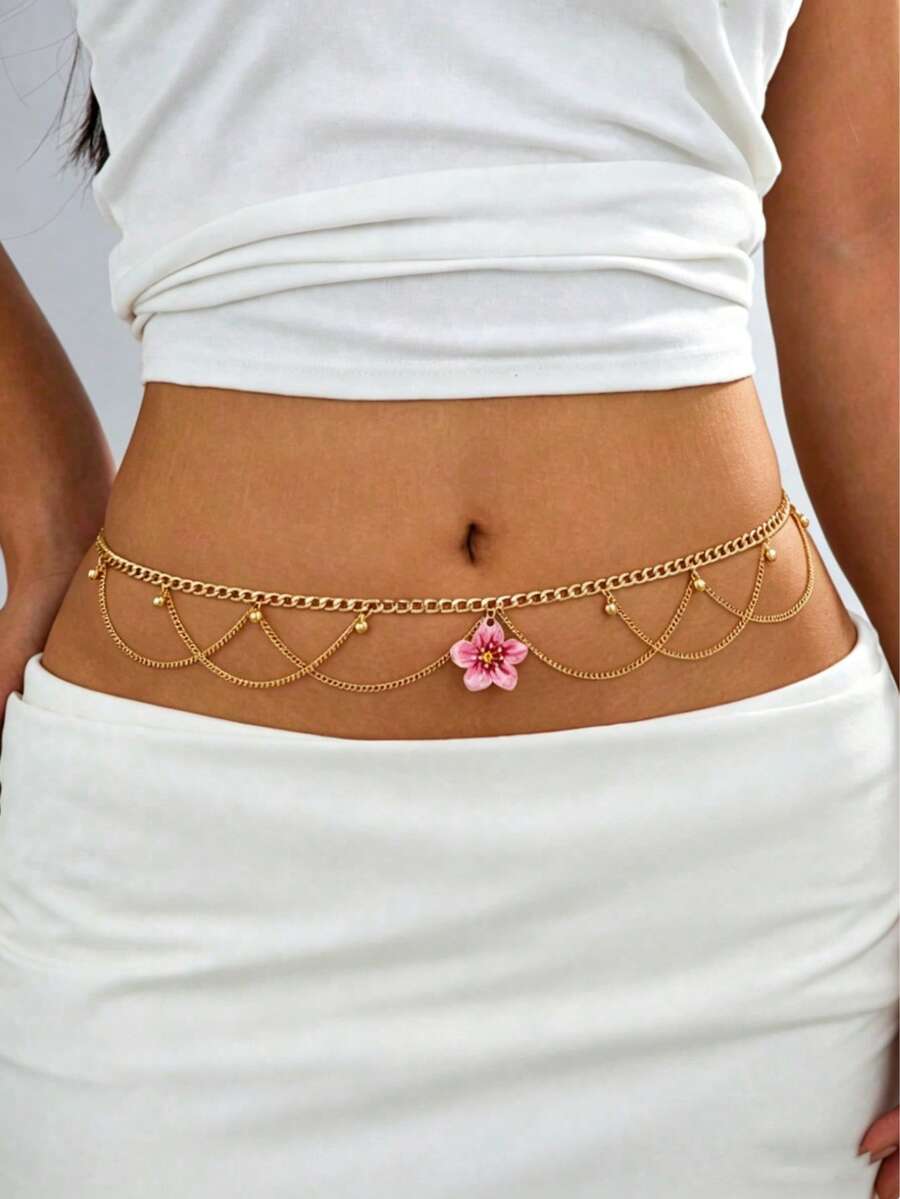 1pc Elegant Summer New Vacation Beach Style Tassel Chain Gradient Tie Dye Pink Hibiscus Pendant Waist Chain For Women - Flowers - View 1